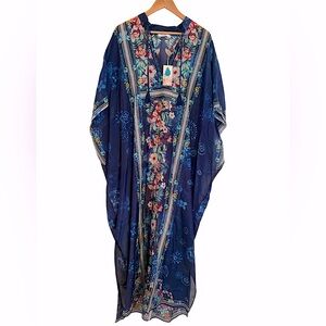 Johnny Was Annia Long Bohemian Blue Floral Print Kaftan Maxi Dress Size Medium